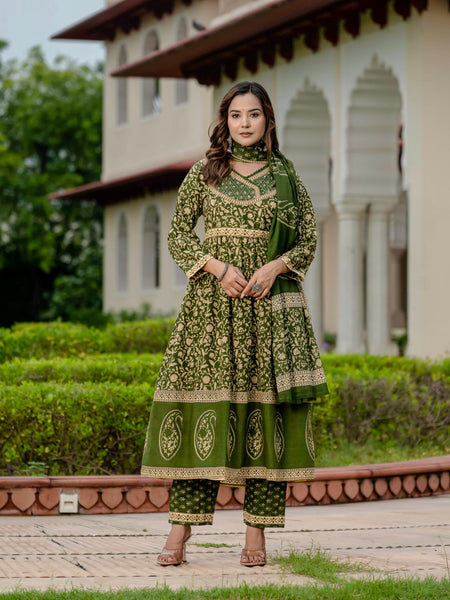 Ebbani Women’s Pure Cotton Ethnic Printed Green Kurta Set