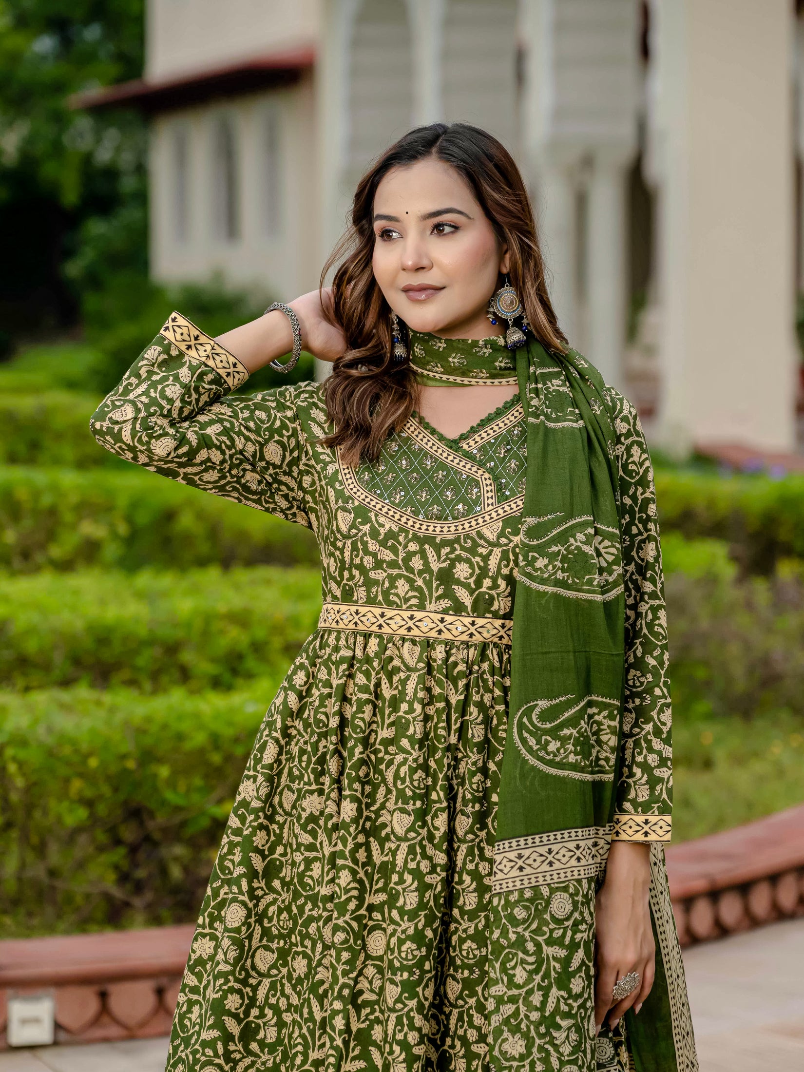 Ebbani Women’s Pure Cotton Ethnic Printed Green Kurta Set