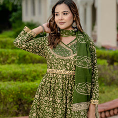 Ebbani Women’s Pure Cotton Ethnic Printed Green Kurta Set