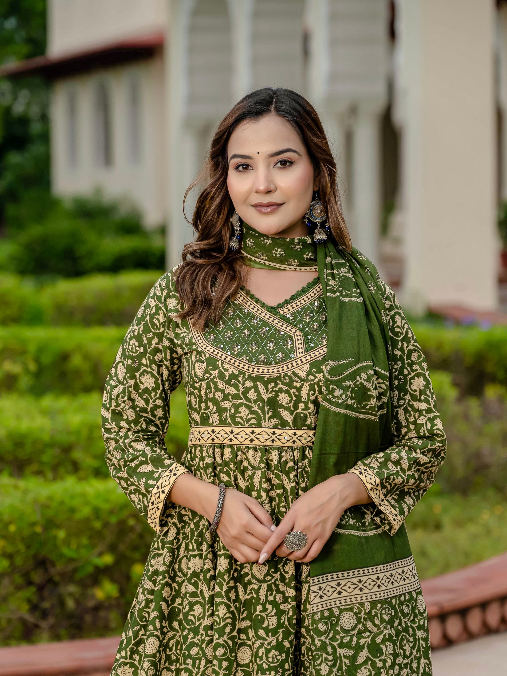 Ebbani Women’s Pure Cotton Ethnic Printed Green Kurta Set