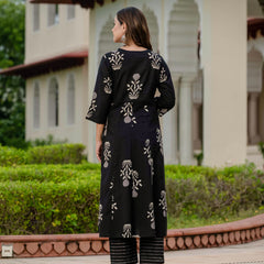 Ebbani Women’s Pure Cotton Motif Black Kurta Set with Plazzo