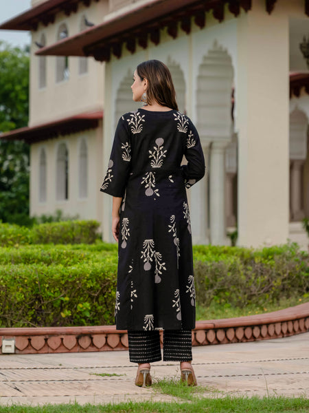 Ebbani Women’s Pure Cotton Motif Black Kurta Set with Plazzo