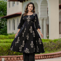 Ebbani Women’s Pure Cotton Motif Black Kurta Set with Plazzo