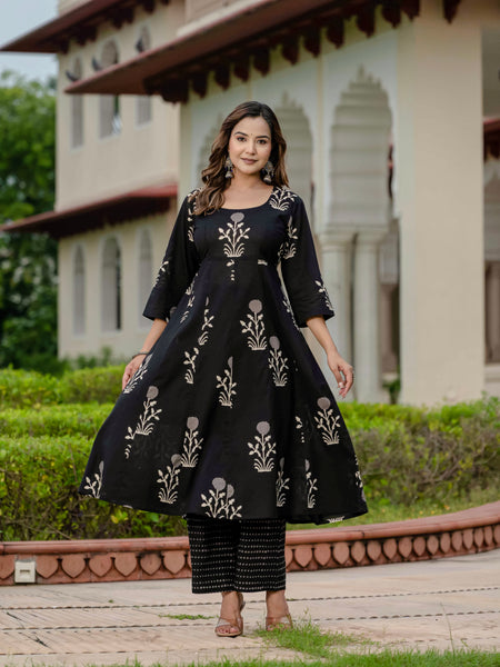 Ebbani Women’s Pure Cotton Motif Black Kurta Set with Plazzo