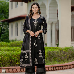 Ebbani Women’s Pure Cotton Motif Black Kurta Set with Plazzo