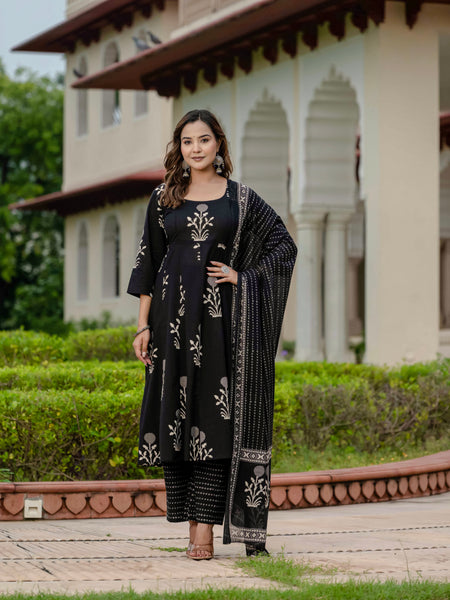 Ebbani Women’s Pure Cotton Motif Black Kurta Set with Plazzo