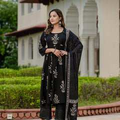 Ebbani Women’s Pure Cotton Motif Black Kurta Set with Plazzo