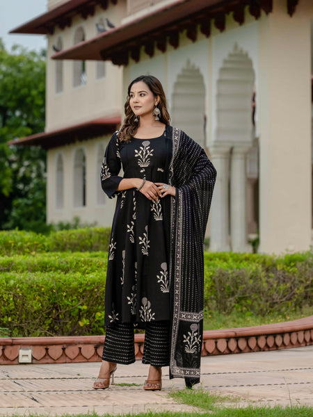 Ebbani Women’s Pure Cotton Motif Black Kurta Set with Plazzo