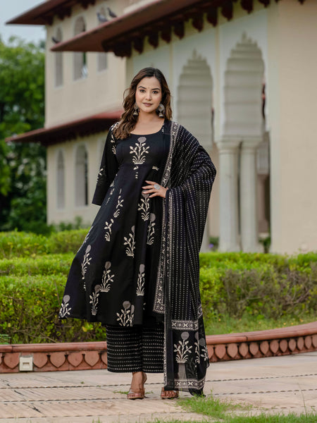 Ebbani Women’s Pure Cotton Motif Black Kurta Set with Plazzo