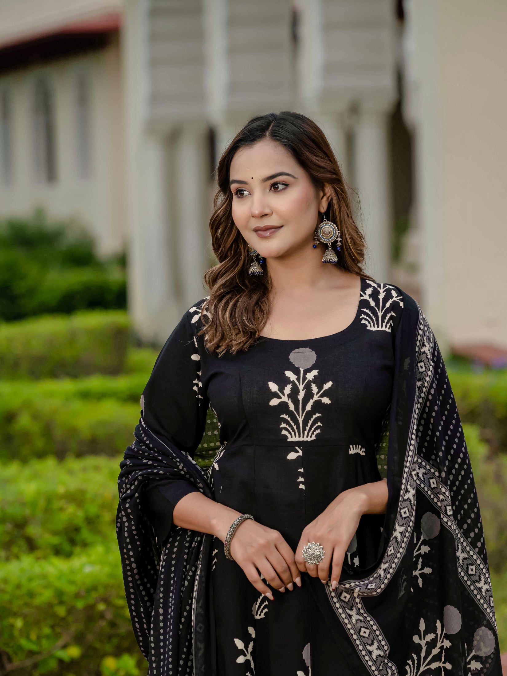 Ebbani Women’s Pure Cotton Motif Black Kurta Set with Plazzo
