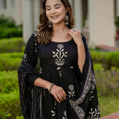 Ebbani Women’s Pure Cotton Motif Black Kurta Set with Plazzo