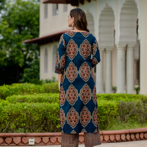 Ebbani Women’s Pure Cotton Ajrakh Printed Blue Kurta Set