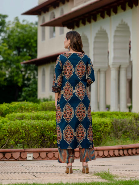 Ebbani Women’s Pure Cotton Ajrakh Printed Blue Kurta Set