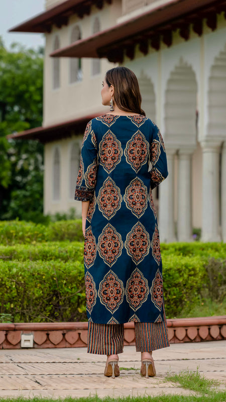 Ebbani Women’s Pure Cotton Ajrakh Printed Blue Kurta Set