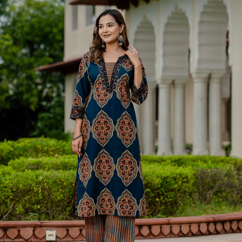 Ebbani Women’s Pure Cotton Ajrakh Printed Blue Kurta Set