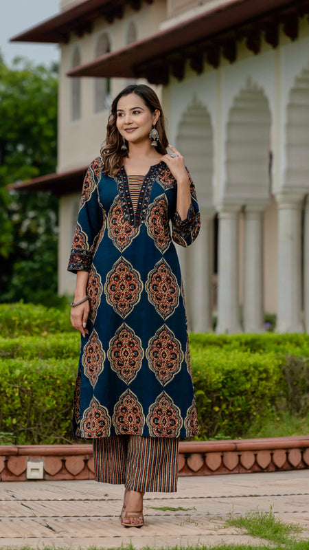 Ebbani Women’s Pure Cotton Ajrakh Printed Blue Kurta Set