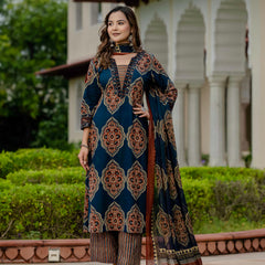 Ebbani Women’s Pure Cotton Ajrakh Printed Blue Kurta Set