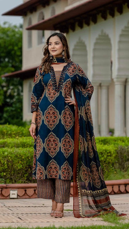 Ebbani Women’s Pure Cotton Ajrakh Printed Blue Kurta Set