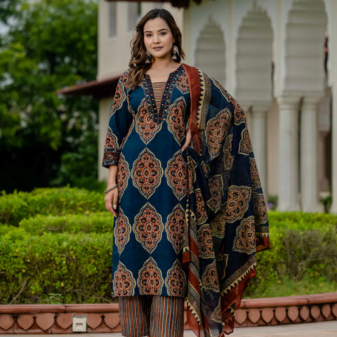 Ebbani Women’s Pure Cotton Ajrakh Printed Blue Kurta Set