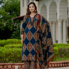 Ebbani Women’s Pure Cotton Ajrakh Printed Blue Kurta Set