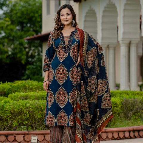 Ebbani Women’s Pure Cotton Ajrakh Printed Blue Kurta Set