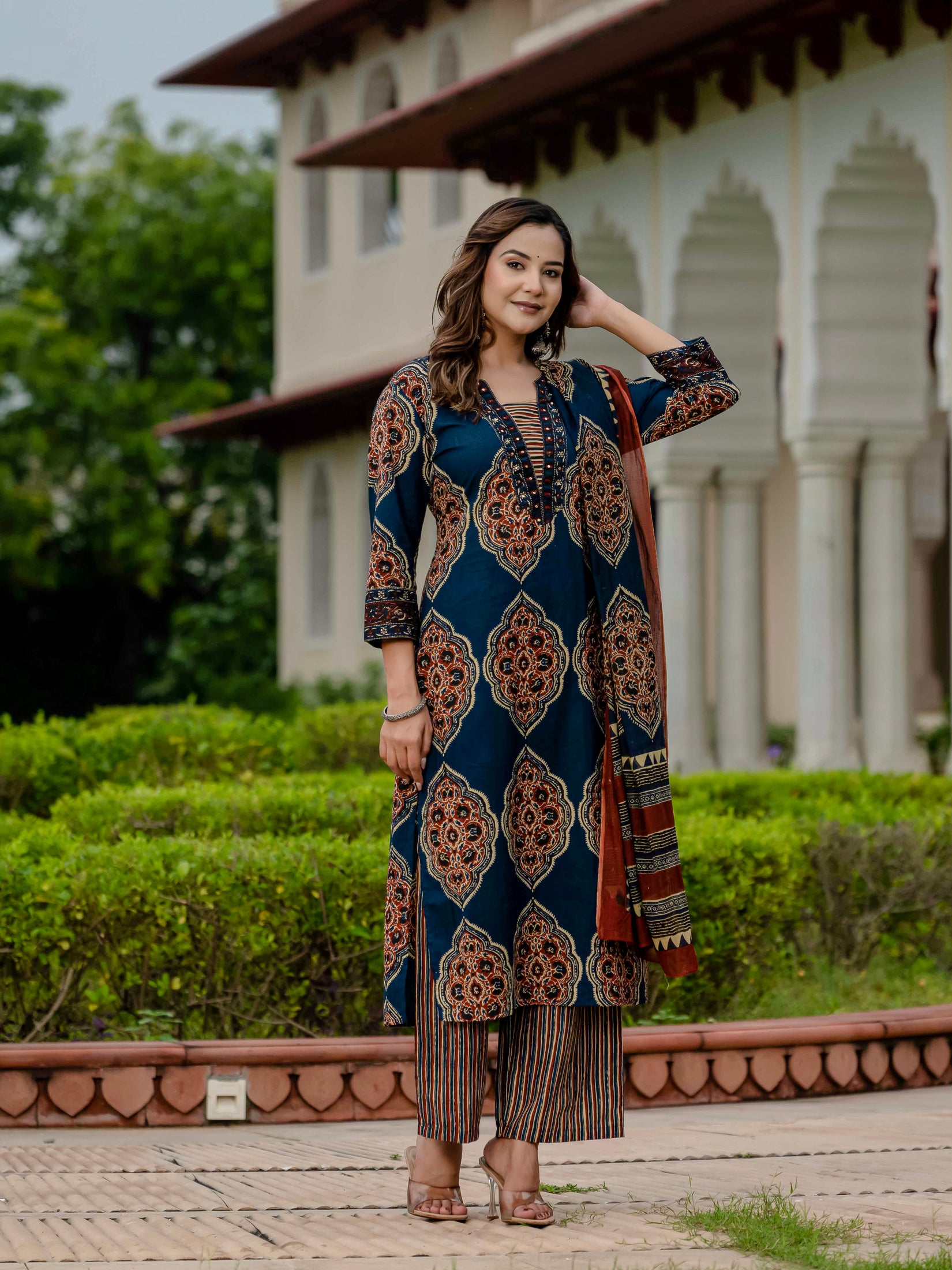 Ebbani Women’s Pure Cotton Ajrakh Printed Blue Kurta Set