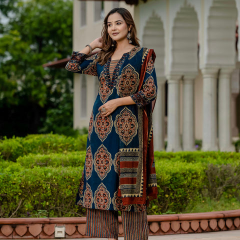 Ebbani Women’s Pure Cotton Ajrakh Printed Blue Kurta Set
