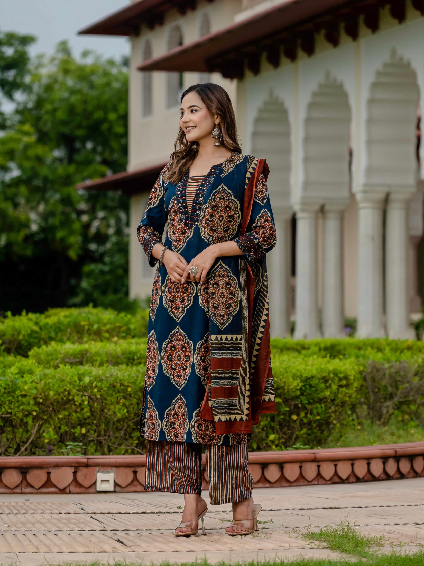 Ebbani Women’s Pure Cotton Ajrakh Printed Blue Kurta Set