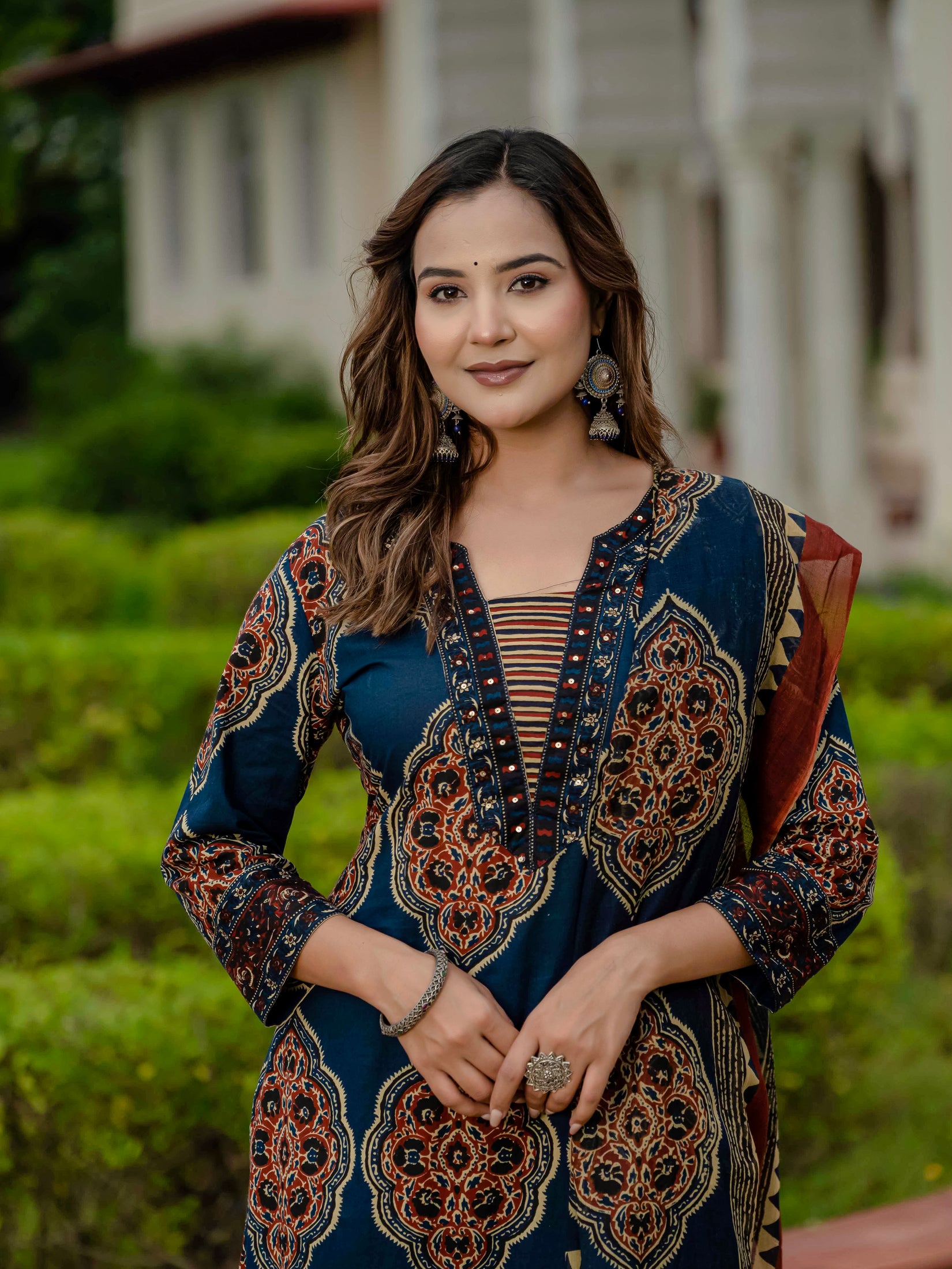 Ebbani Women’s Pure Cotton Ajrakh Printed Blue Kurta Set