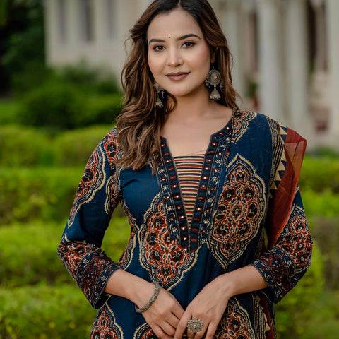Ebbani Women’s Pure Cotton Ajrakh Printed Blue Kurta Set