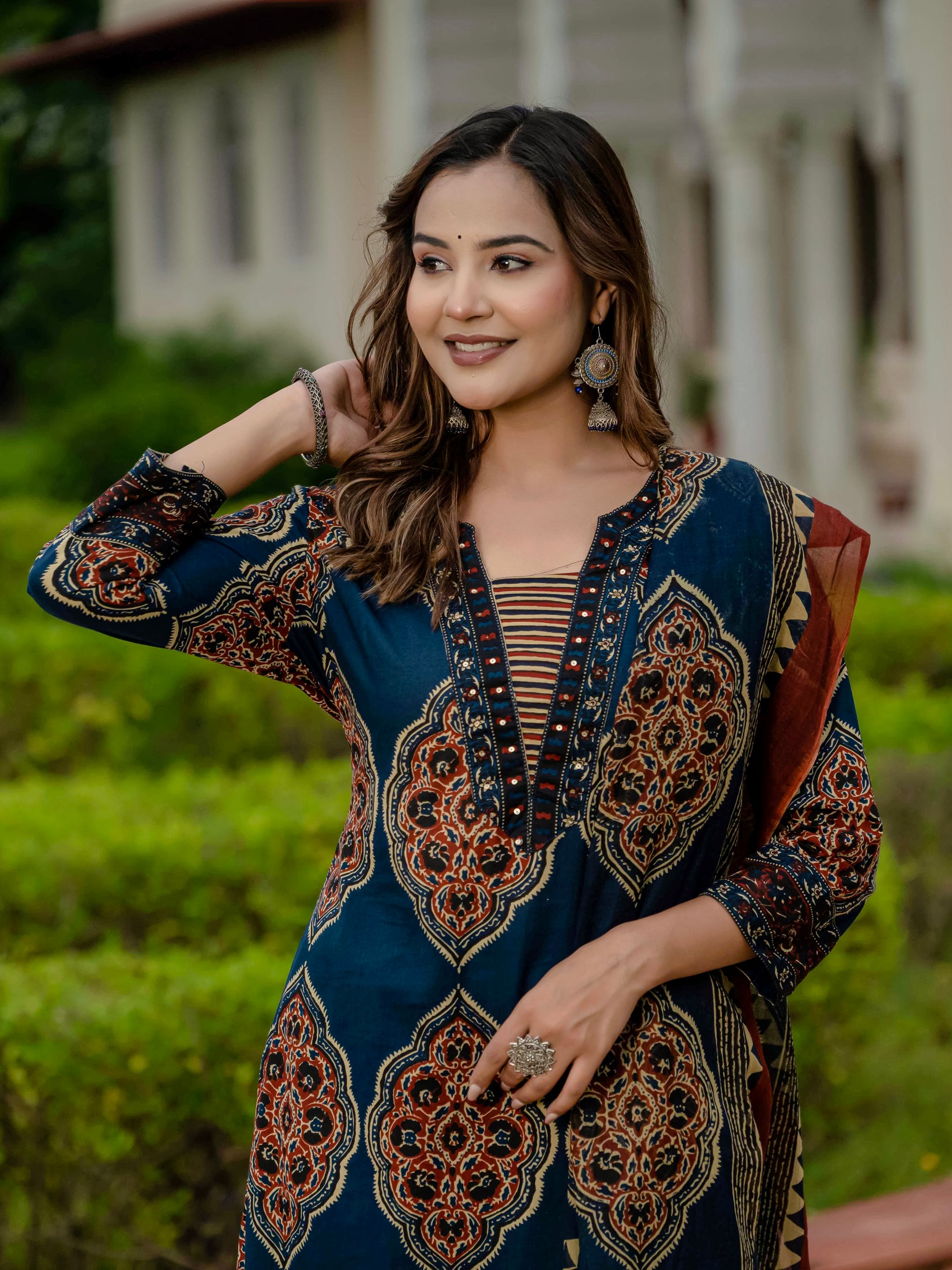 Ebbani Women’s Pure Cotton Ajrakh Printed Blue Kurta Set