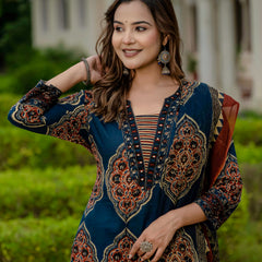 Ebbani Women’s Pure Cotton Ajrakh Printed Blue Kurta Set