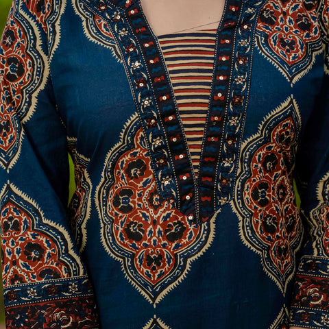 Ebbani Women’s Pure Cotton Ajrakh Printed Blue Kurta Set