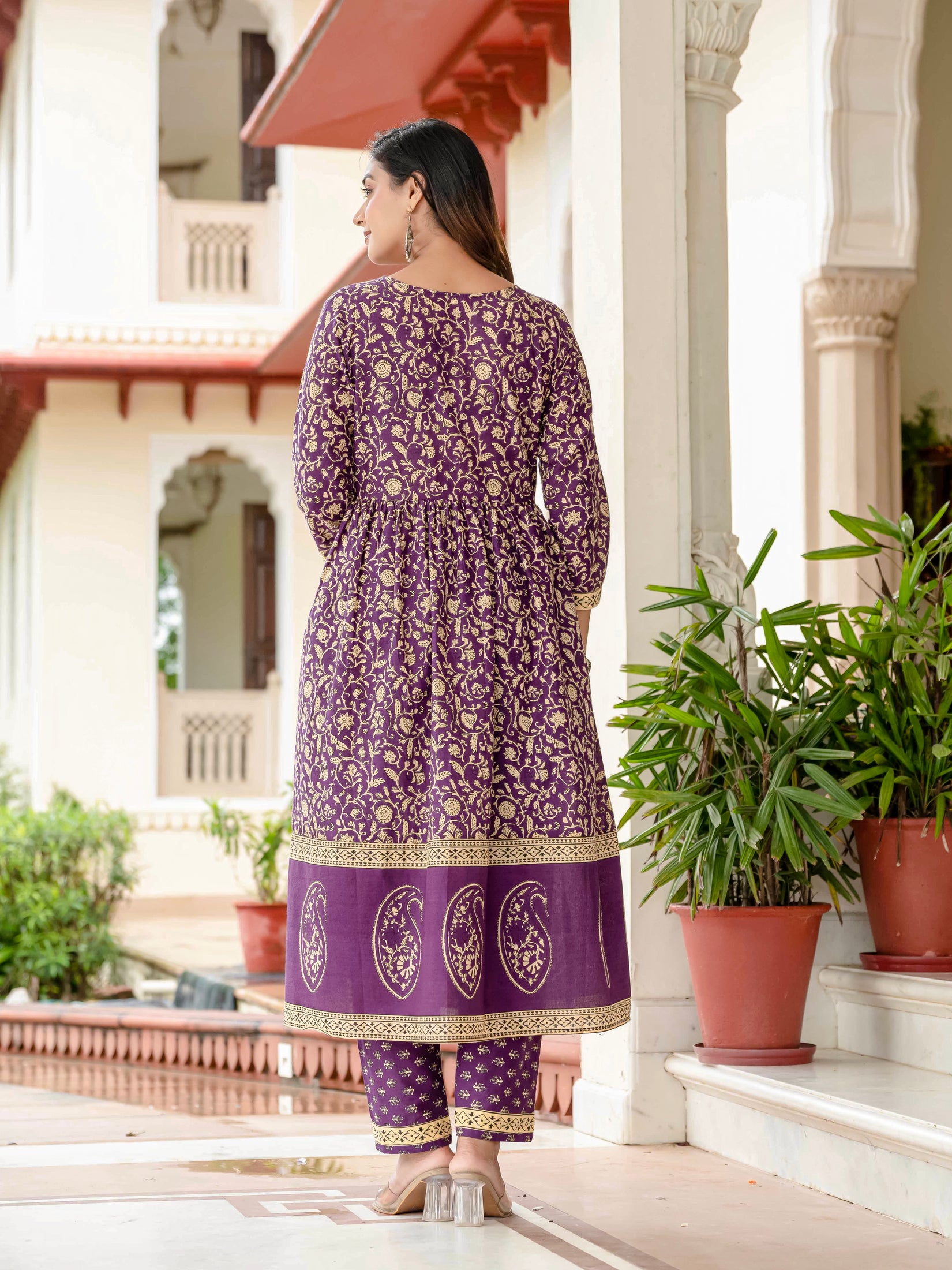 Ebbani Women’s Pure Cotton Purple Ethnic Printed Kurta Set with Pants & Dupatta