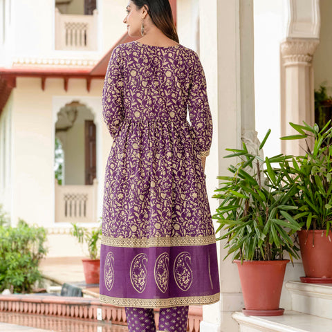 Ebbani Women’s Pure Cotton Purple Ethnic Printed Kurta Set with Pants & Dupatta