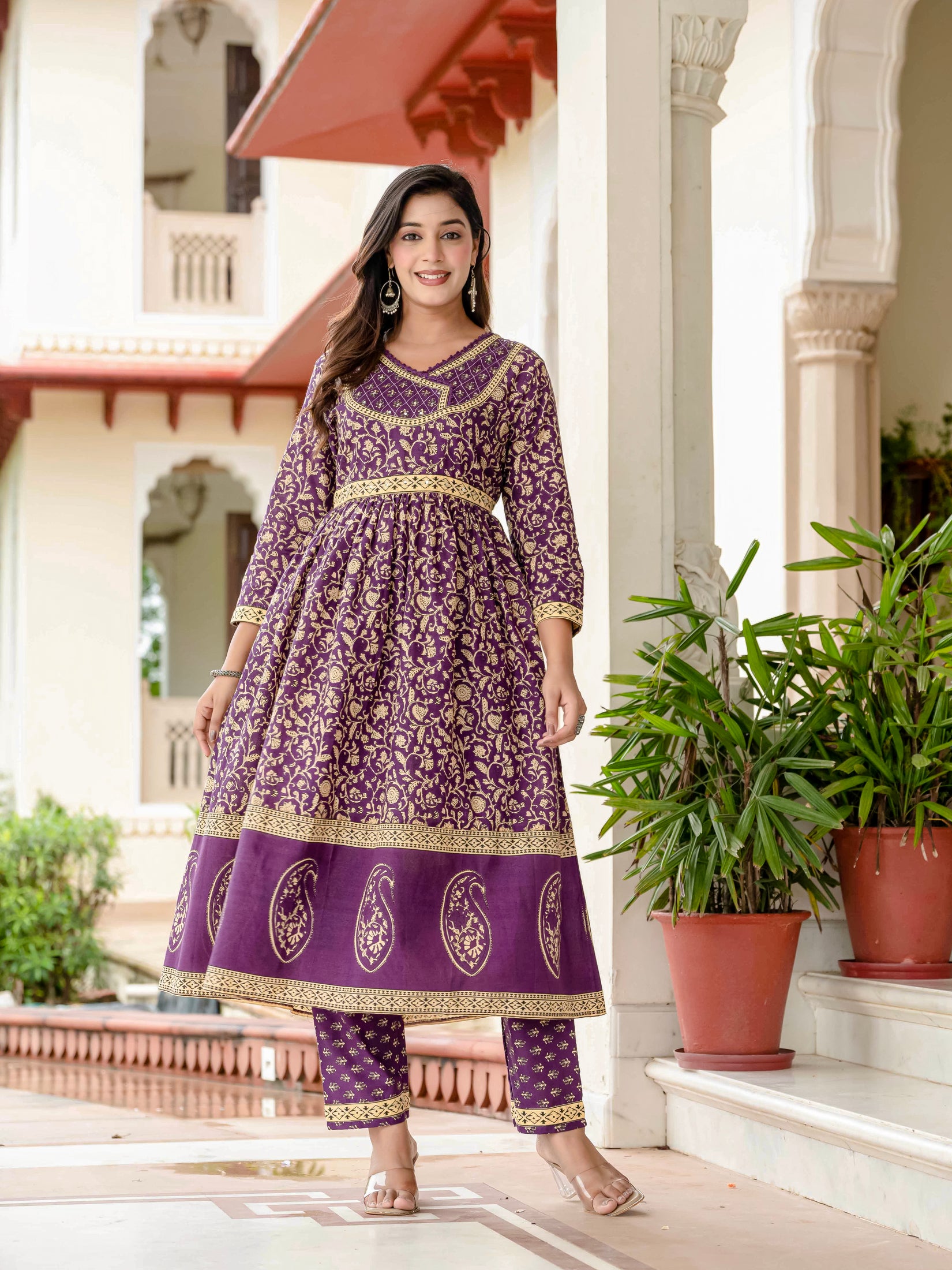 Ebbani Women’s Pure Cotton Purple Ethnic Printed Kurta Set with Pants & Dupatta