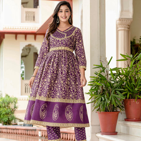 Ebbani Women’s Pure Cotton Purple Ethnic Printed Kurta Set with Pants & Dupatta
