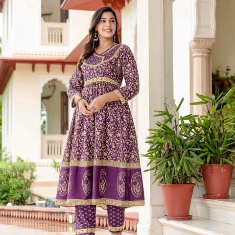 Ebbani Women’s Pure Cotton Purple Ethnic Printed Kurta Set with Pants & Dupatta