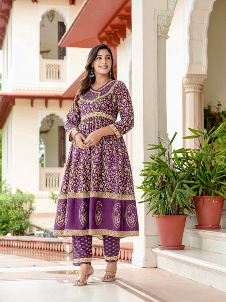 Ebbani Women’s Pure Cotton Purple Ethnic Printed Kurta Set with Pants & Dupatta