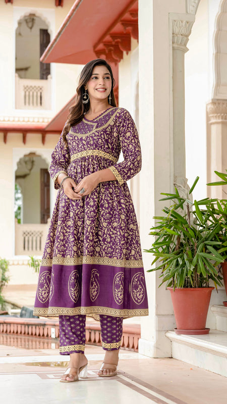 Ebbani Women’s Pure Cotton Purple Ethnic Printed Kurta Set with Pants & Dupatta