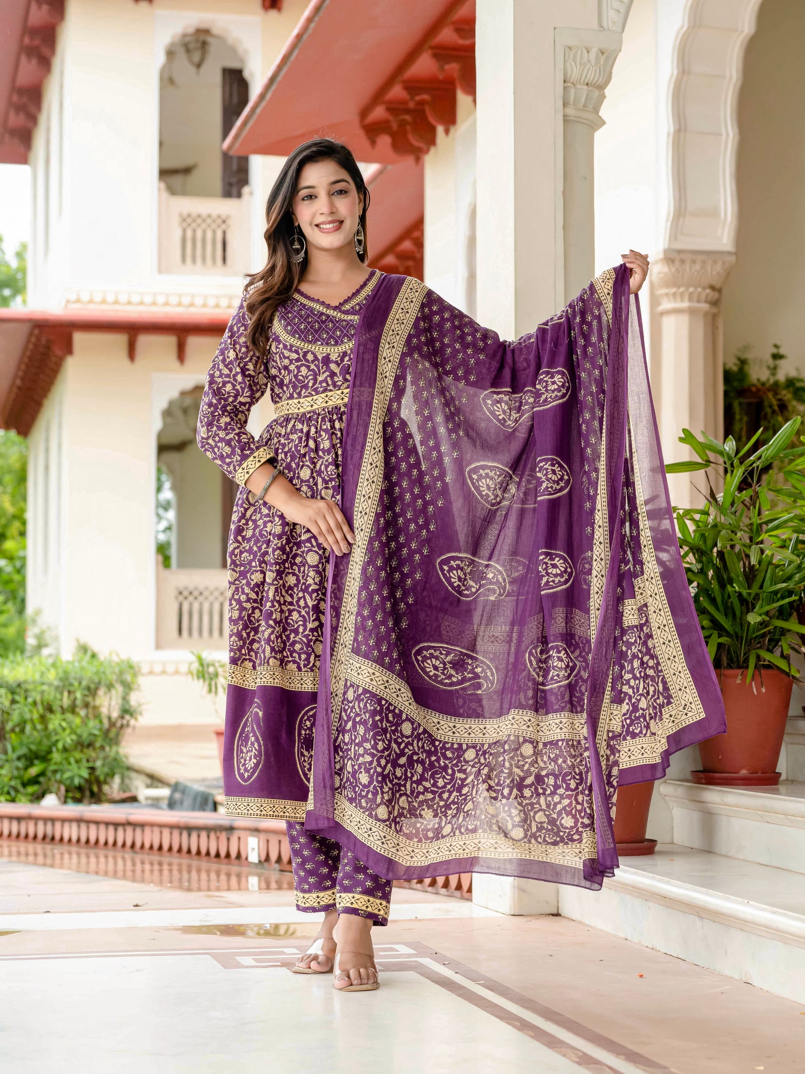 Ebbani Women’s Pure Cotton Purple Ethnic Printed Kurta Set with Pants & Dupatta