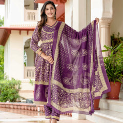 Ebbani Women’s Pure Cotton Purple Ethnic Printed Kurta Set with Pants & Dupatta