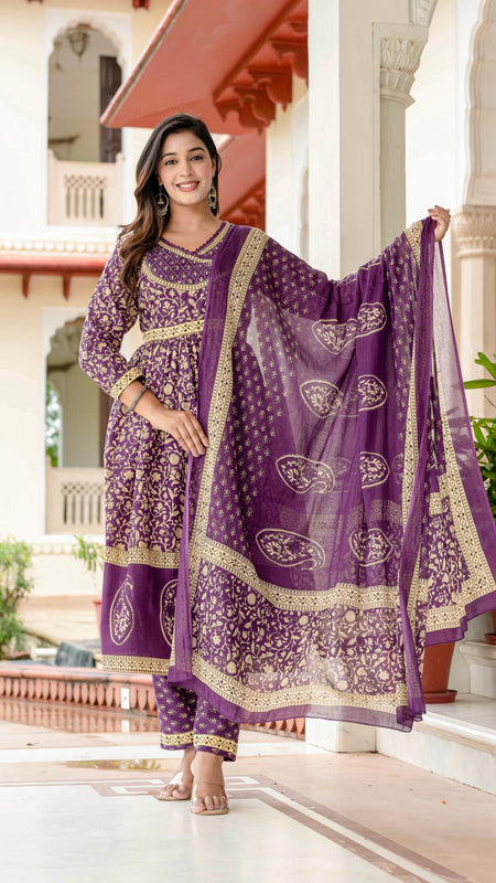 Ebbani Women’s Pure Cotton Purple Ethnic Printed Kurta Set with Pants & Dupatta