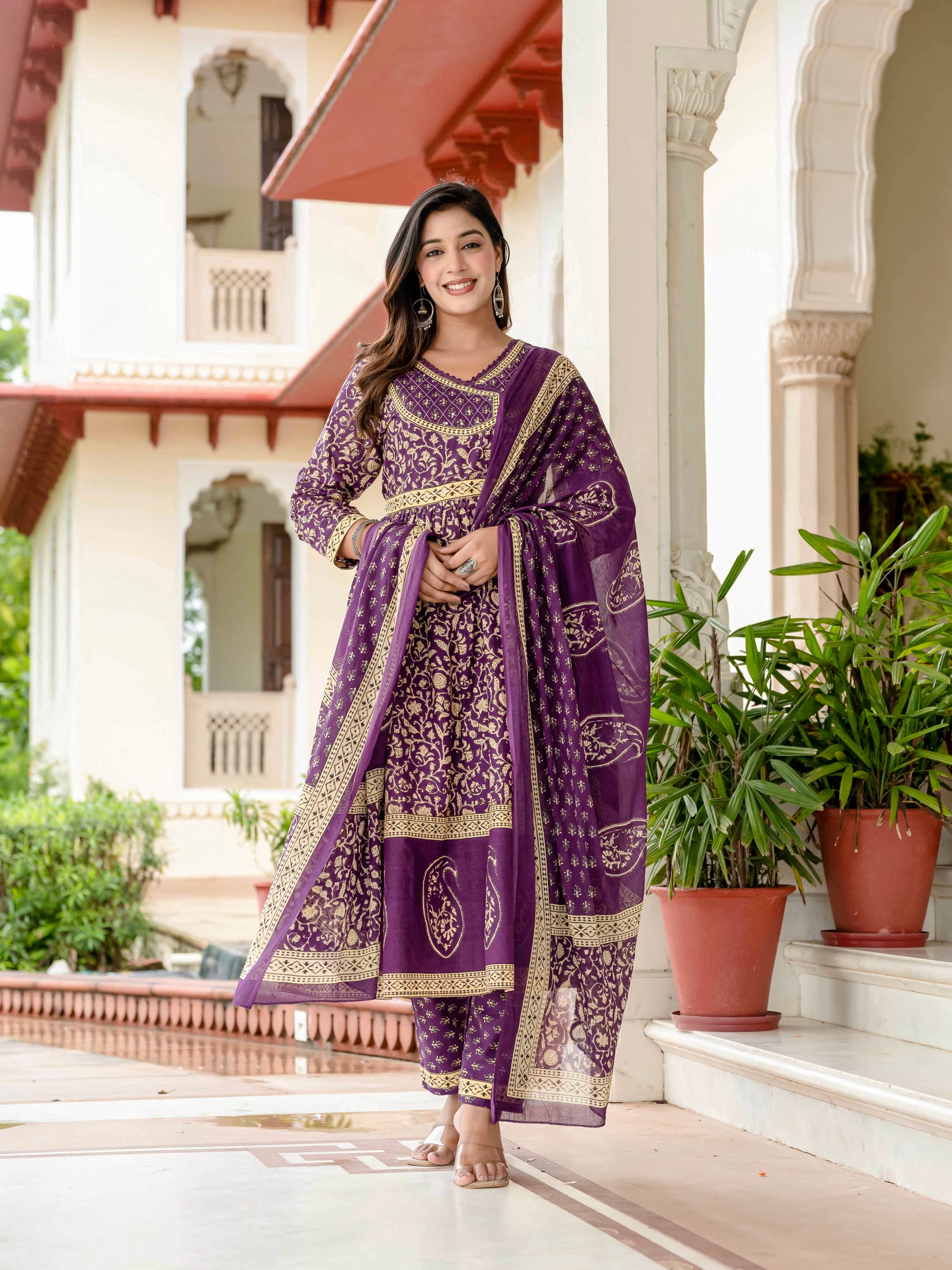 Ebbani Women’s Pure Cotton Purple Ethnic Printed Kurta Set with Pants & Dupatta