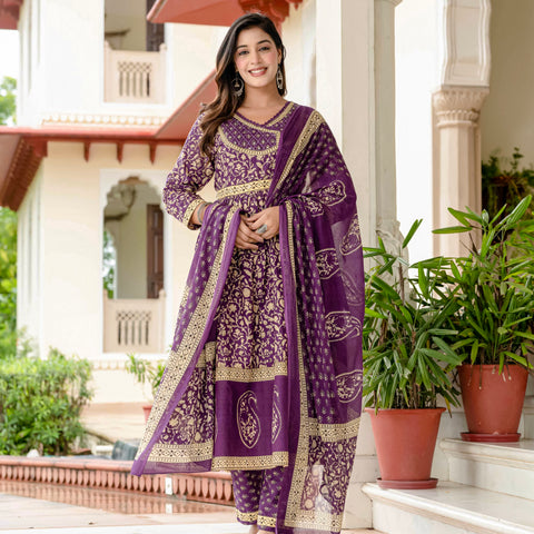 Ebbani Women’s Pure Cotton Purple Ethnic Printed Kurta Set with Pants & Dupatta