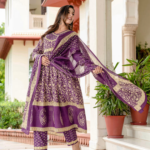 Ebbani Women’s Pure Cotton Purple Ethnic Printed Kurta Set with Pants & Dupatta