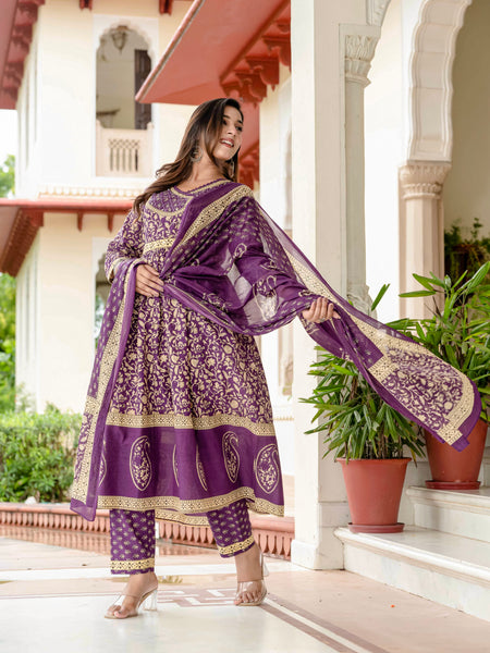 Ebbani Women’s Pure Cotton Purple Ethnic Printed Kurta Set with Pants & Dupatta