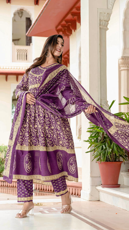 Ebbani Women’s Pure Cotton Purple Ethnic Printed Kurta Set with Pants & Dupatta