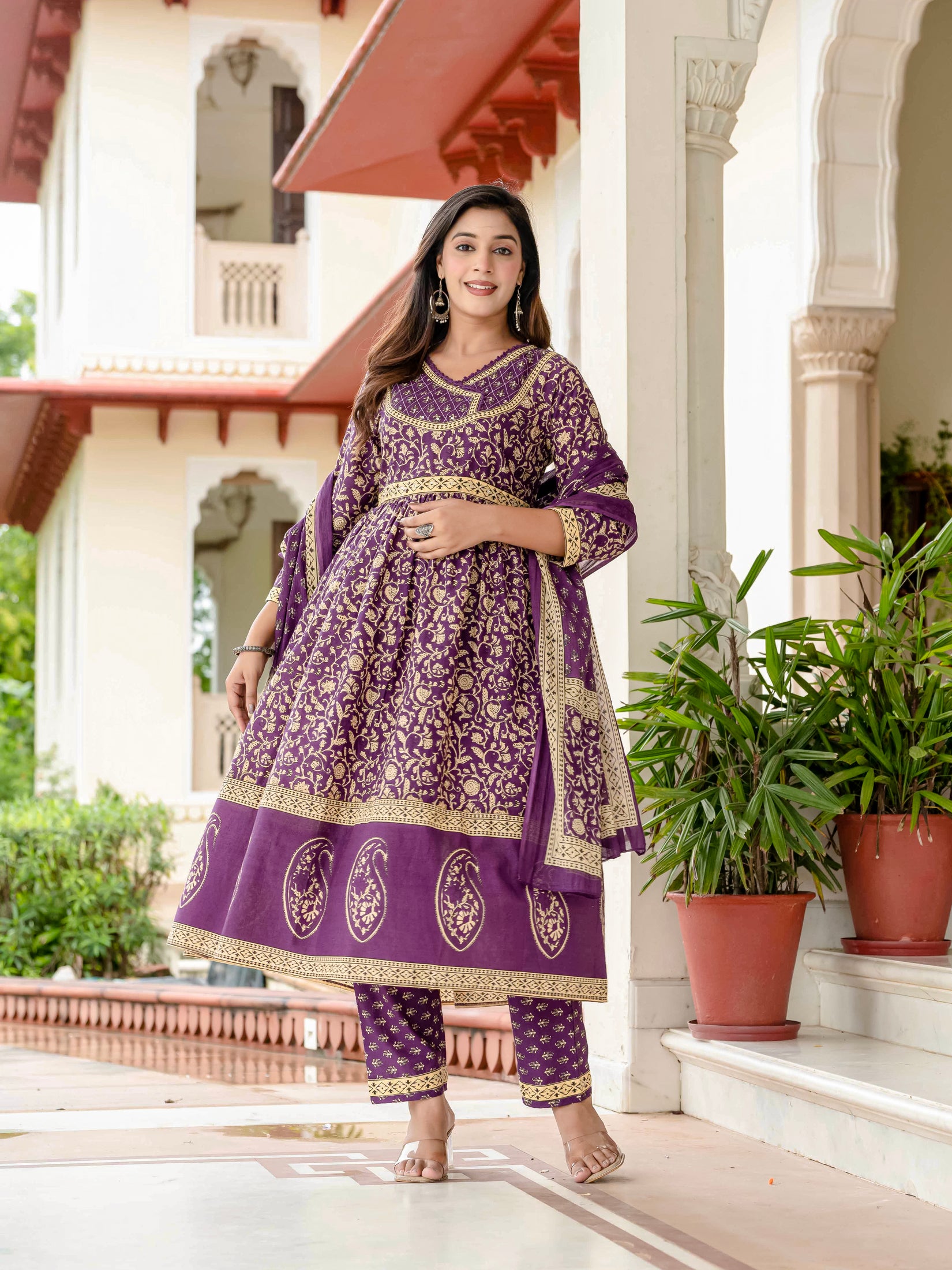 Ebbani Women’s Pure Cotton Purple Ethnic Printed Kurta Set with Pants & Dupatta
