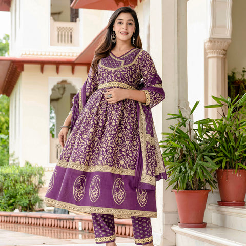 Ebbani Women’s Pure Cotton Purple Ethnic Printed Kurta Set with Pants & Dupatta